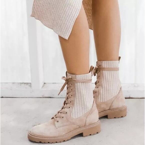 SAM EDELMAN Lydell Combat Boot Sesame Suede Beige - Picture 1 of 8
